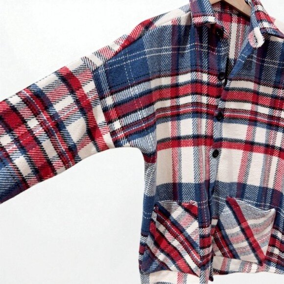 NWT J.ING Jing Vintage Style Red White Blue Plaid Oversized Flannel Shacket - Picture 3 of 8